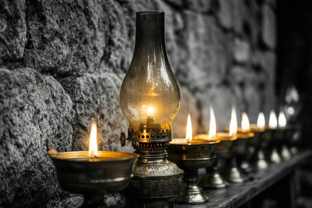 Een rij brandende olielampen met een hogere lamp in het midden staat tegen een ruwe stenen muur en verspreidt een warme gouden gloed.