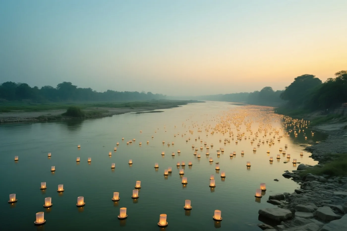 Honderden drijvende olielampjes weerspiegelen op een brede rivier tussen met bomen begroeide oevers onder een hemel die van blauw naar oranje verloopt.