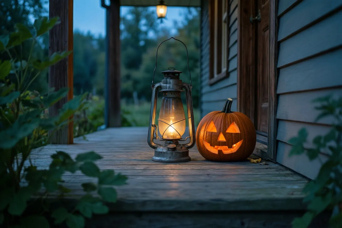 Een oude olielantaarn en een uitgesneden pompoen verspreiden warm licht op een houten veranda tegen een koelblauwe schemerlucht.