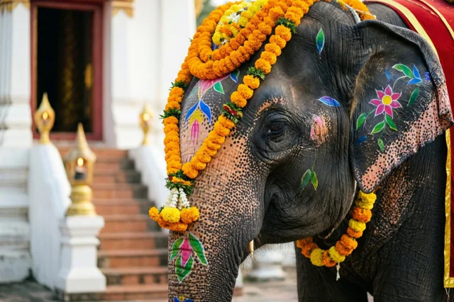 Bloemen voor de Diwali-olifant