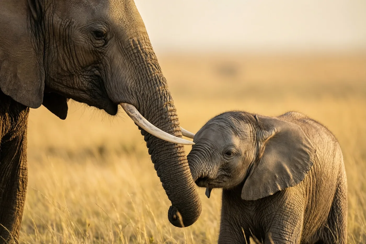 Een moederolifant raakt haar kalf zacht aan met haar slurf op een goudkleurige savanne bij zonsopgang.