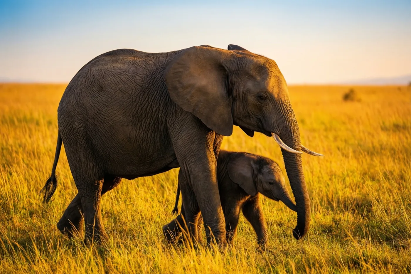 Een moederolifant en haar kalf lopen samen over een gouden savanne bij zonsopgang onder een heldere blauwe hemel.