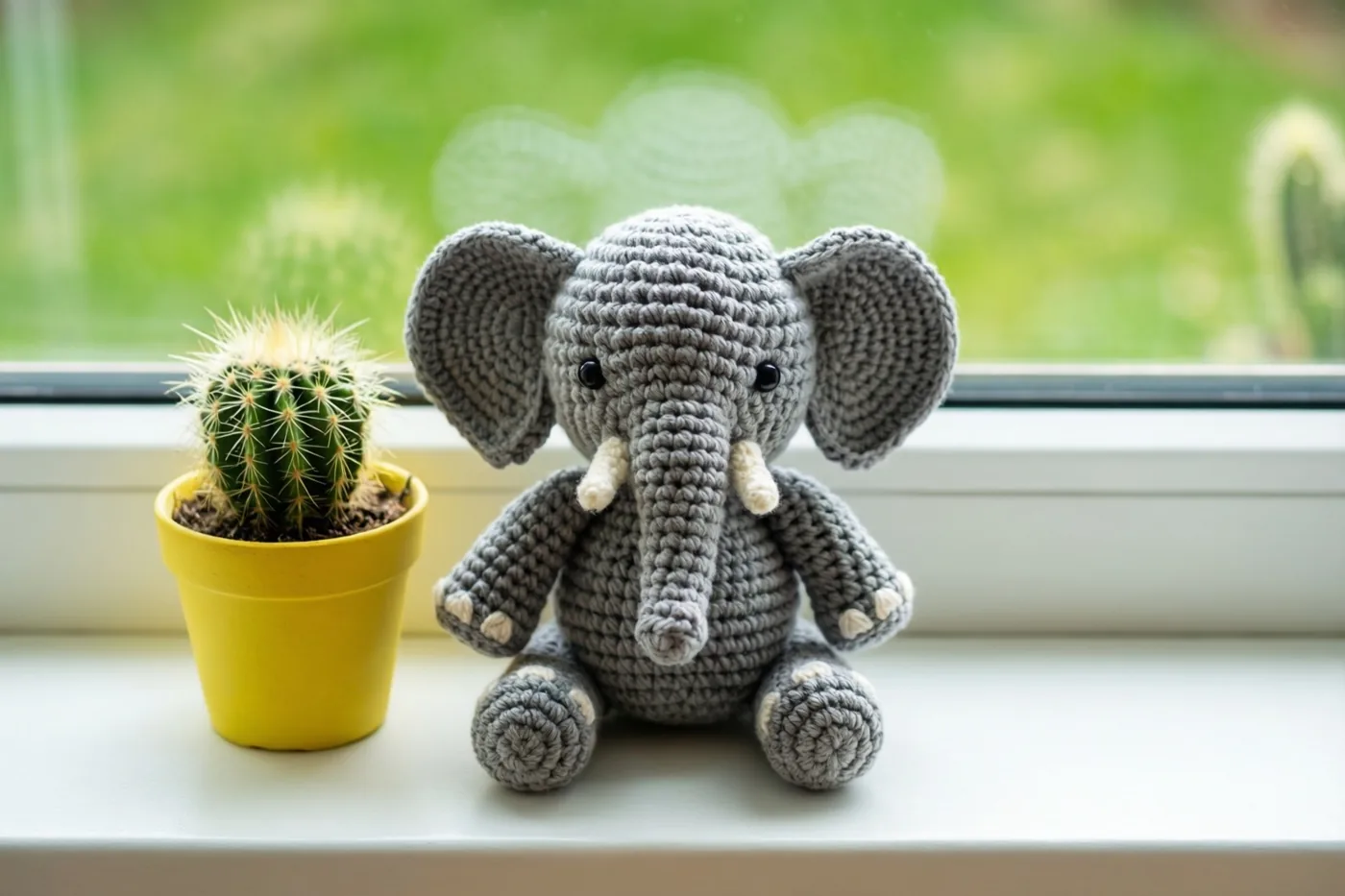 Een klein gehaakt grijs olifantje zit op een witte vensterbank naast een cactus in een gele pot, in daglicht met onscherp groen buiten.