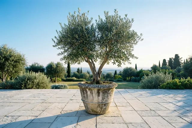 Een kleine olijfboom in een verweerde stenen sierpot staat op een zonnig terras met lichte stenen tegels, met groen en een helderblauwe lucht op de achtergrond.