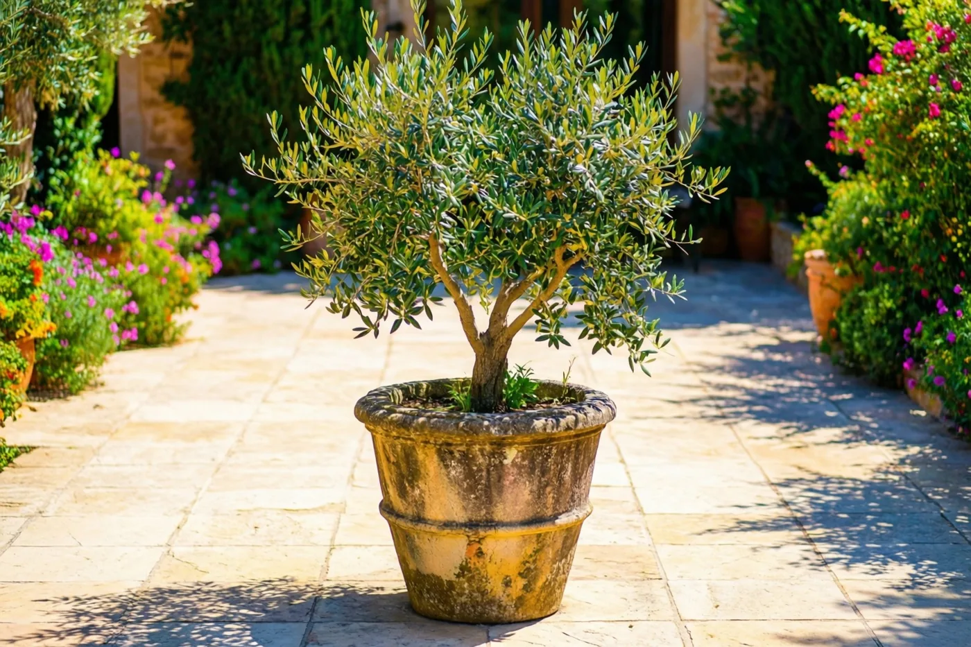 Een kleine olijfboom in een verweerde stenen sierpot staat op een zonnig terras met lichte tegels, omringd door bloeiende planten en weelderig groen.