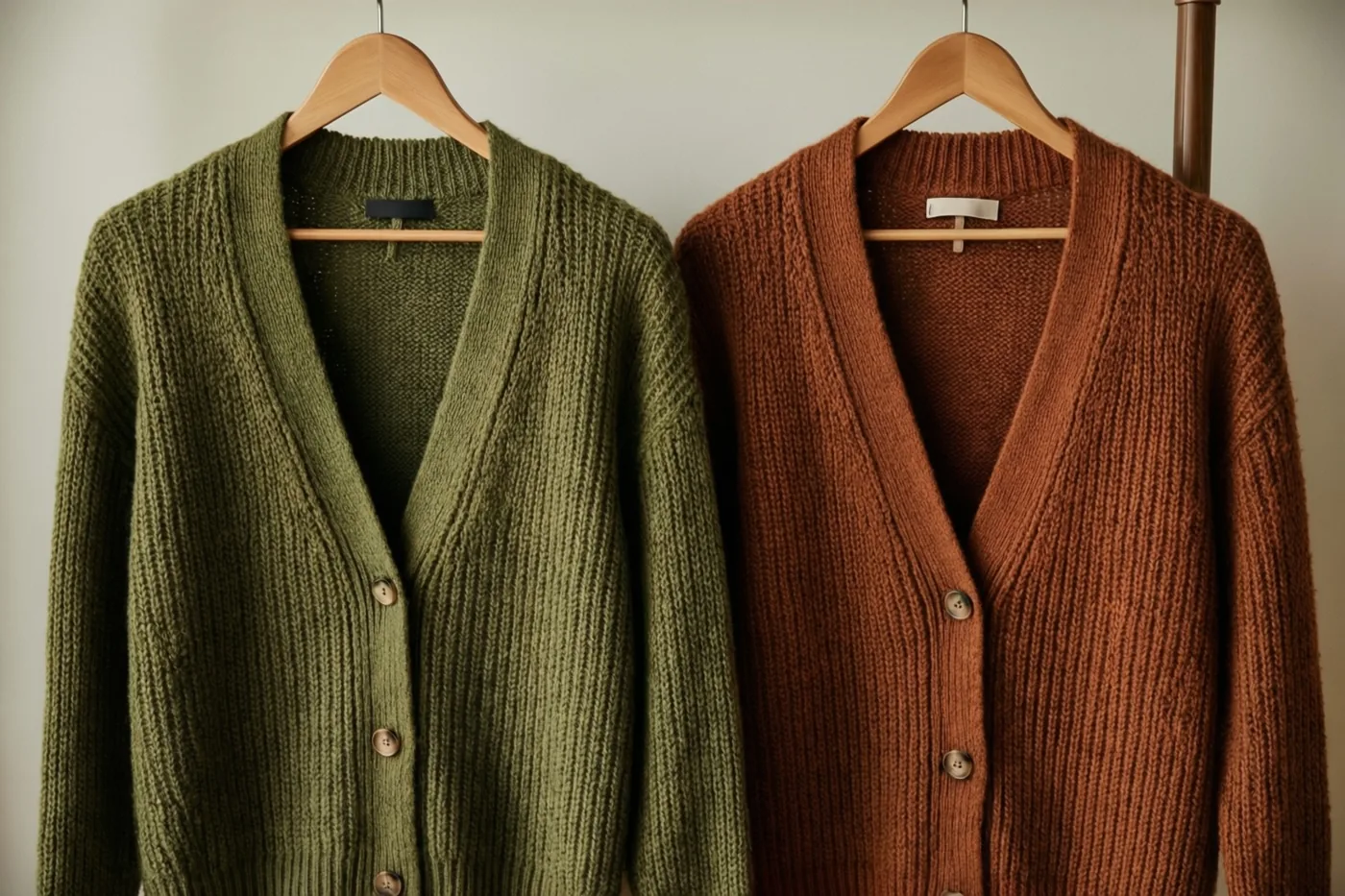 Een olijfgroen en een roestbruin gebreid vest hangen naast elkaar op houten kleerhangers tegen een effen muur in zacht licht.