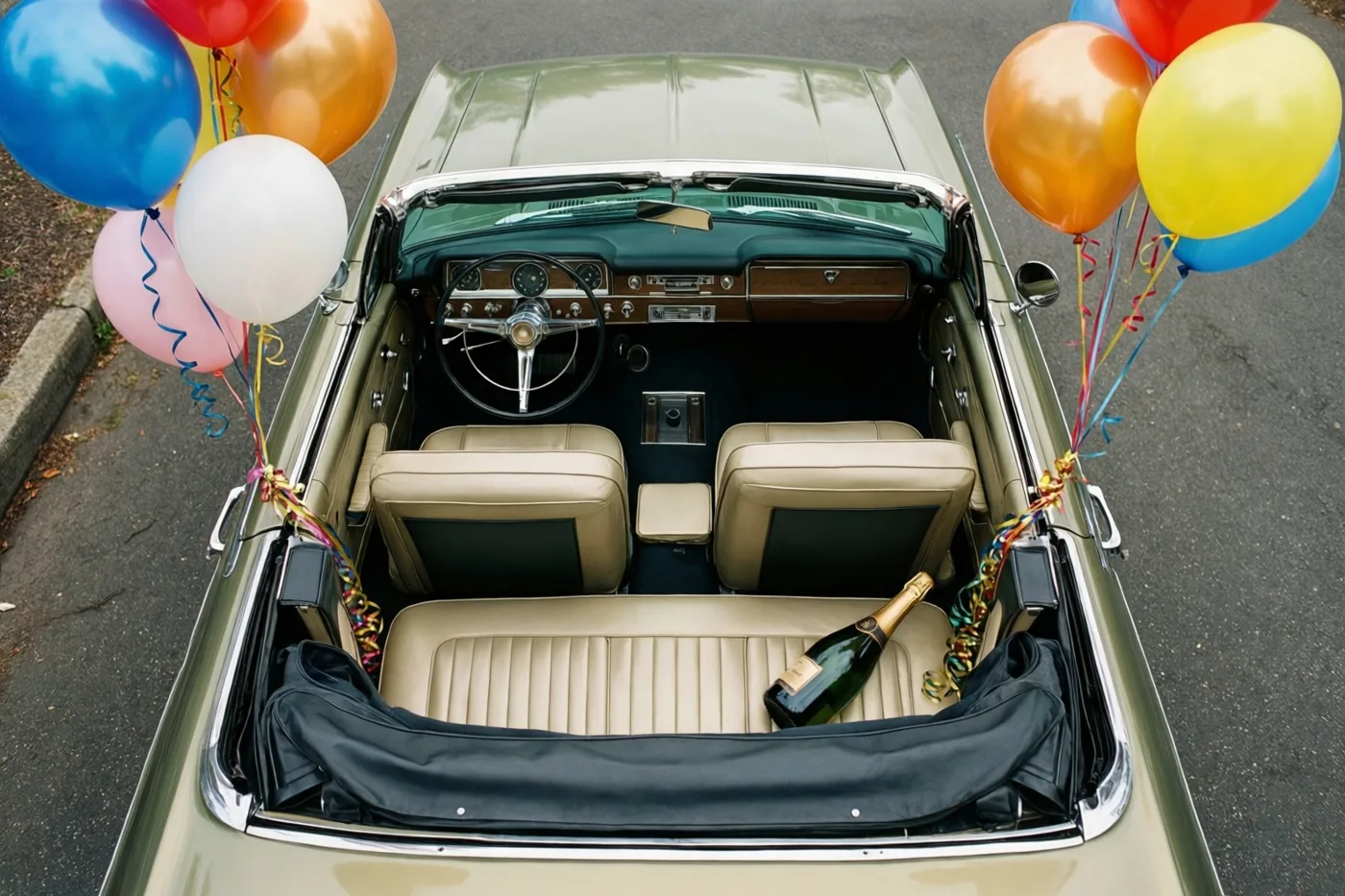 Een olijfgroene oude cabrio met beige zetels en een klassiek dashboard staat op asfalt, met ballonnen en serpentines aan de zijkanten en een fles champagne op de achterbank.