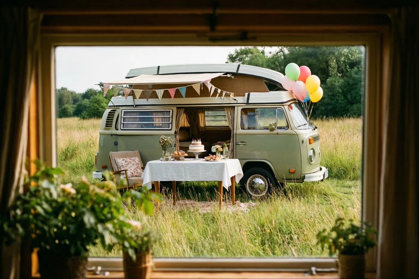 Door een raam met kamerplanten is een olijfgroene oude kampeerbus in een grasweide te zien, met een tafel met taart en bloemen onder de luifel, ballonnen en vlaggetjes.