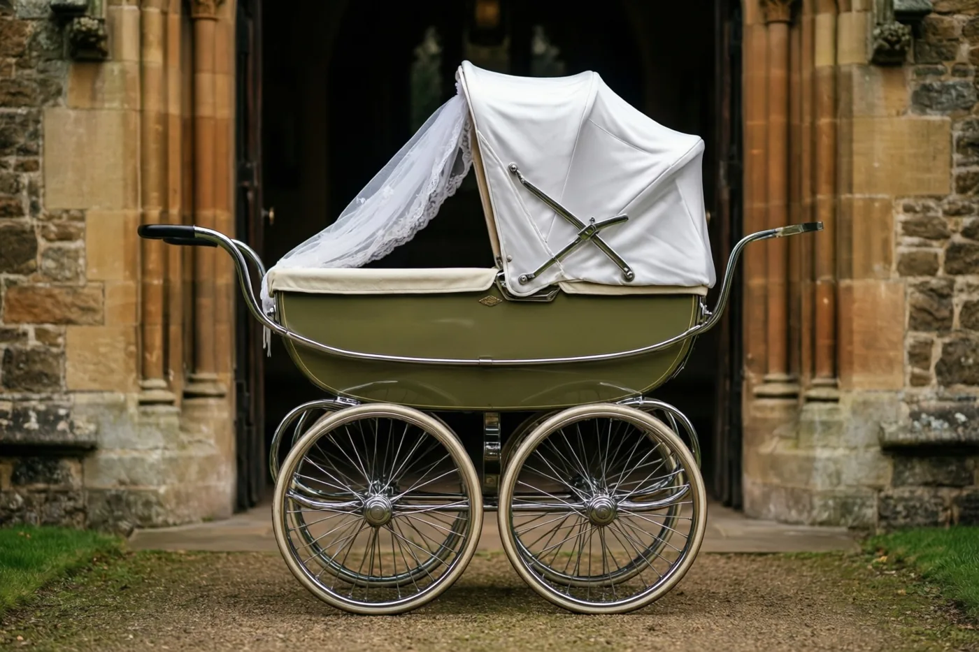 Een oude olijfgroene kinderwagen met chromen wielen en een wit doopmutsje staat op een grindpad voor een stenen kerkingang in zacht daglicht.