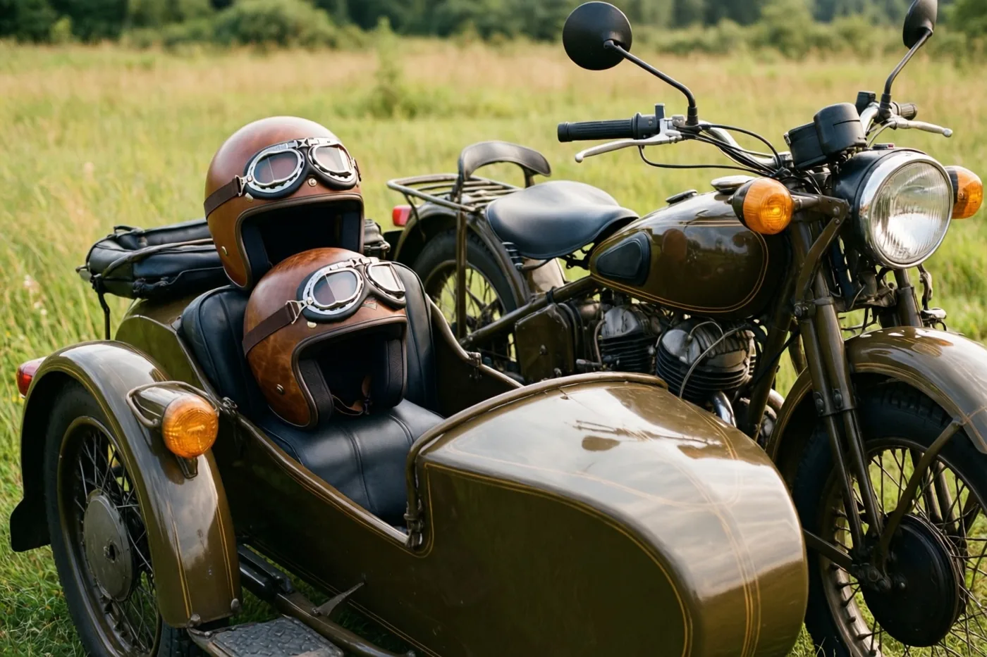 Een oude olijfgroene motor met bijpassend zijspan staat in een grasveld, met een grote en een kleine leren helm met brillen op de zitplaatsen.