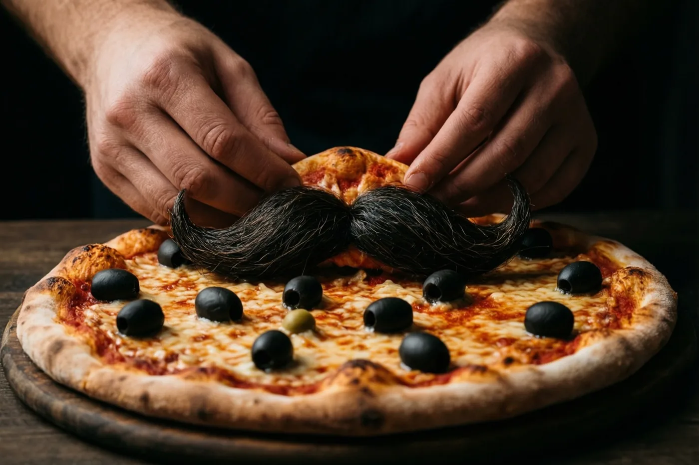 Handen leggen een snor van zwarte olijven op een versgebakken pizza met gesmolten kaas op een houten plank tegen een donkere achtergrond.