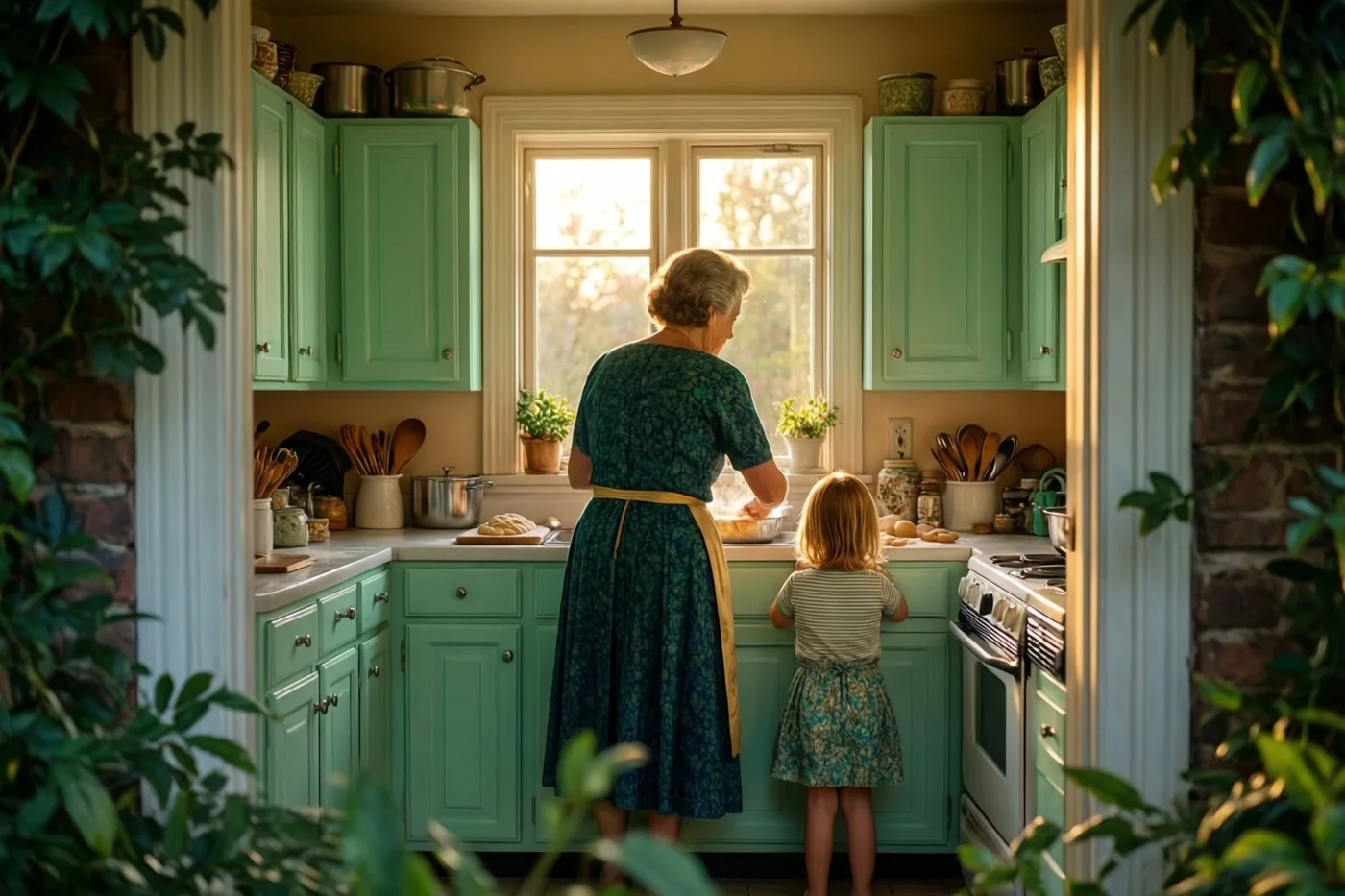 Een grootmoeder en een klein kleinkind bakken samen in een keuken met mintgroene kasten, van achteren gezien in zonlicht dat door een raam valt.