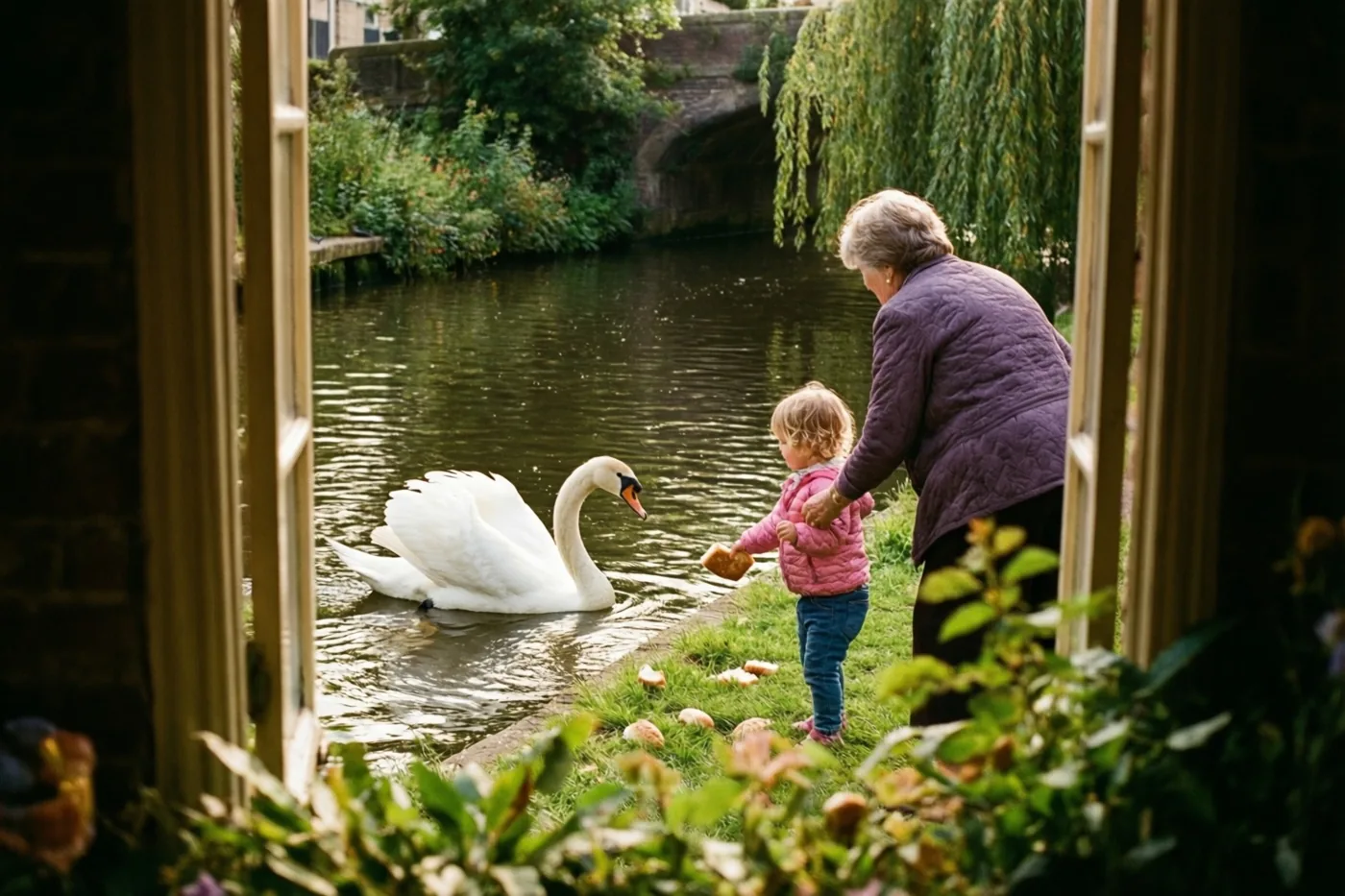 Door een open raam zie je een oma en haar kleine kleinkind van achteren terwijl ze brood naar een witte zwaan in een kanaal gooien, met groen op de voorgrond.