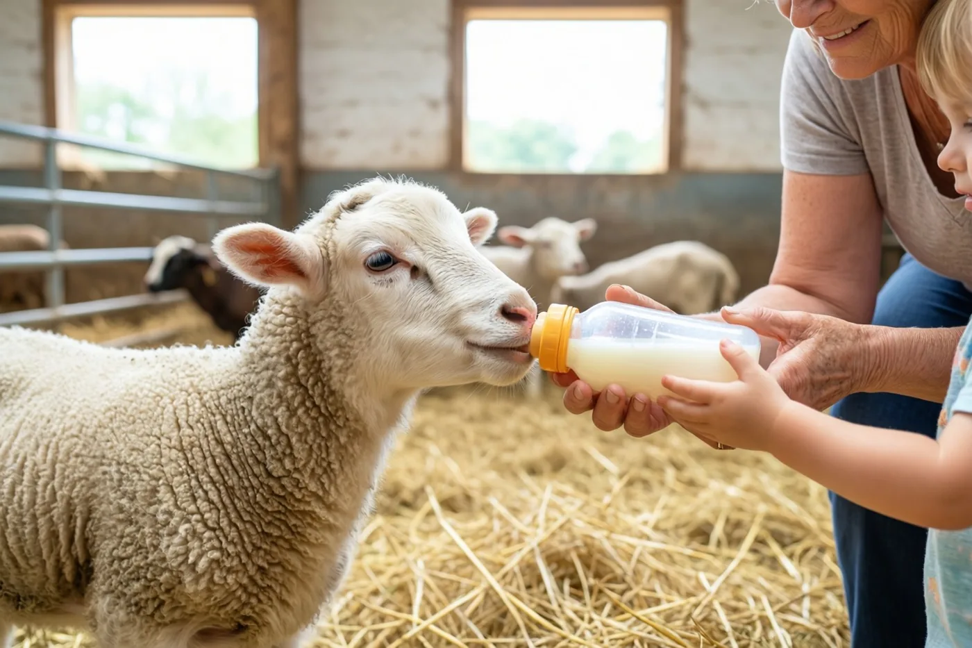 Een klein wit lam drinkt uit een fles die de handen van een oma en een kind vasthouden in een schuur vol stro, met daglicht door de ramen op de achtergrond.