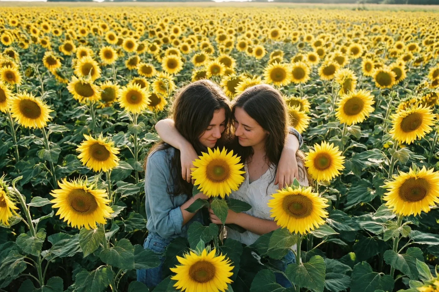 Twee jonge vrouwen staan met de armen om elkaar in een uitgestrekt veld met hoge zonnebloemen en buigen hun hoofd naar de bloemen in warm, goudkleurig licht.
