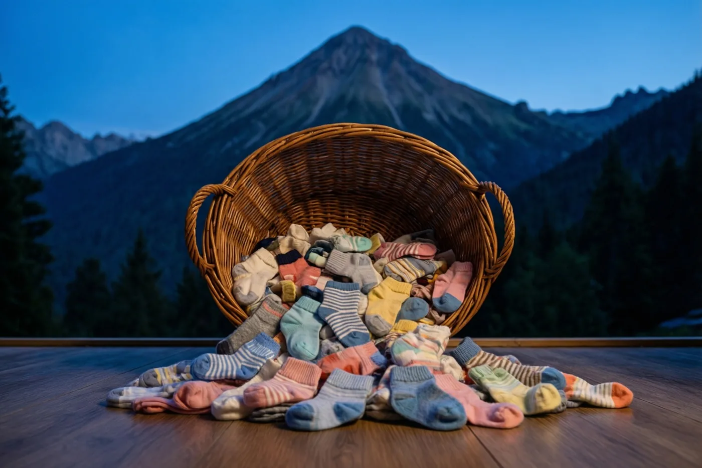 Een omgevallen rieten wasmand ligt op een houten vloer met kleurrijke babysokjes ernaast, tegen een achtergrond van bergen en een blauwe schemerhemel.