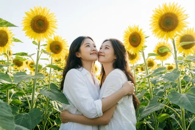 Samen naar de zonnebloemen kijken