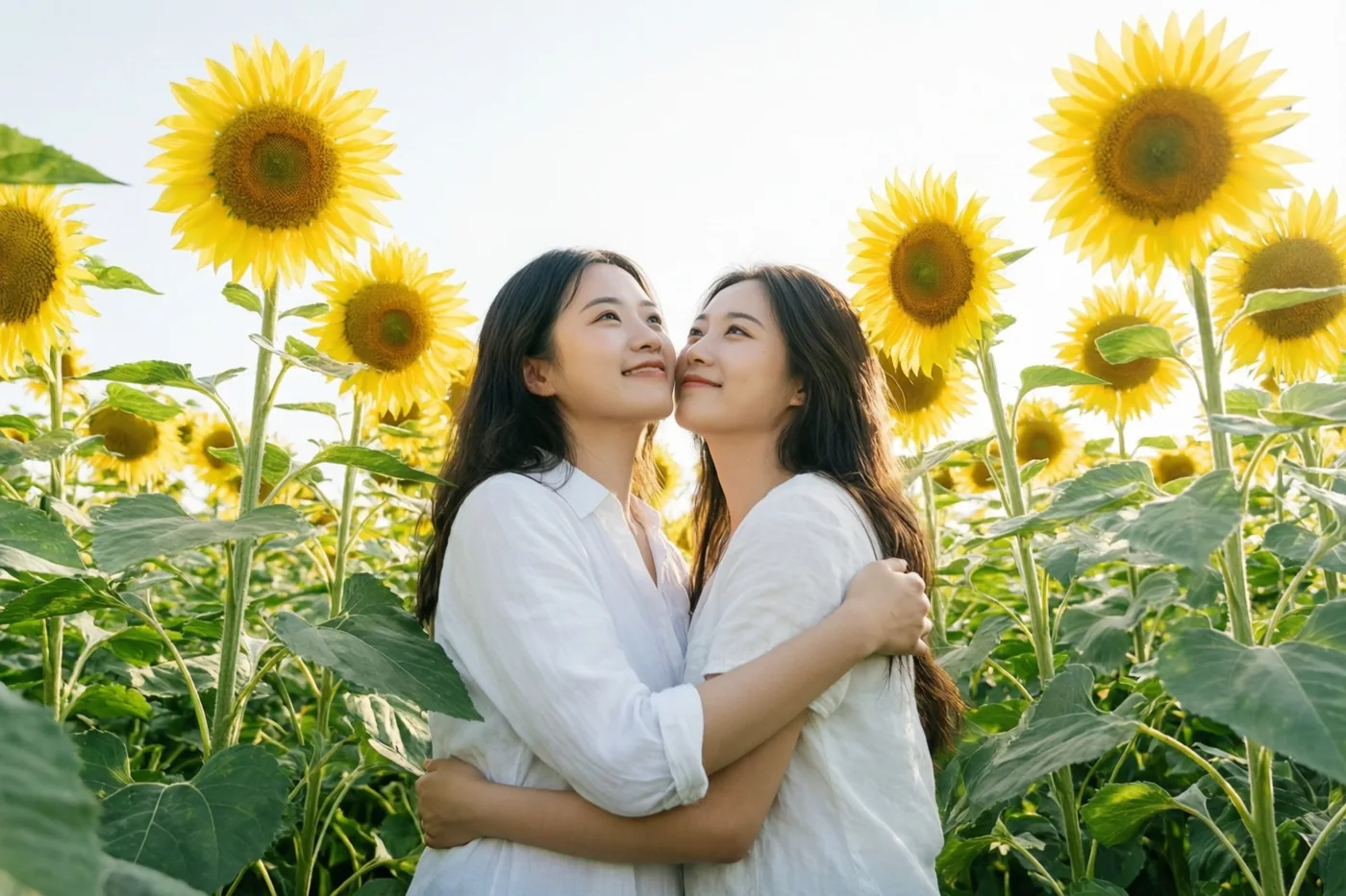 Twee jonge vrouwen in witte hemden omhelzen elkaar in een veld met hoge zonnebloemen en richten hun gezicht omhoog naar de bloemen in fel zonlicht.