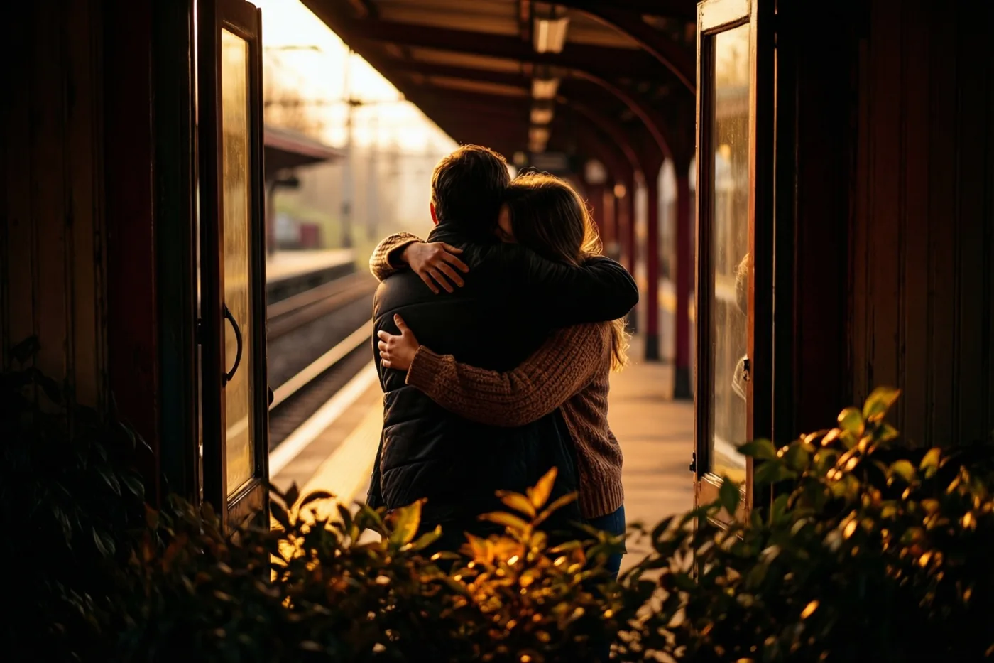 Twee mensen omhelzen elkaar stevig op een treinperron, van achteren gezien in warm goudkleurig licht.