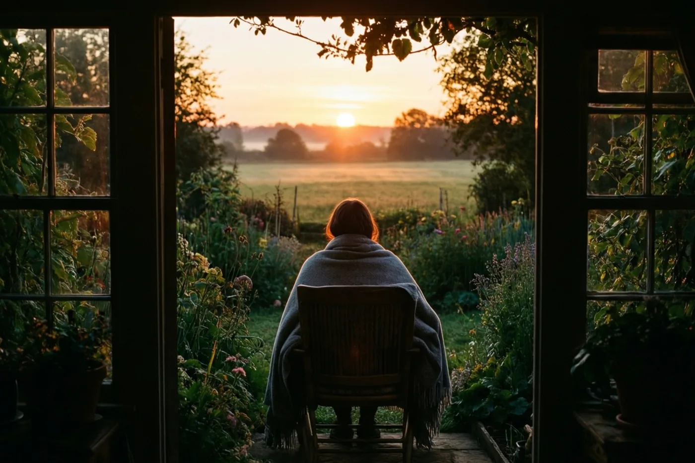 Door een open deuropening is een persoon van achteren te zien, zittend in een houten tuinstoel onder een deken en kijkend naar de zonsopgang boven een mistig veld.