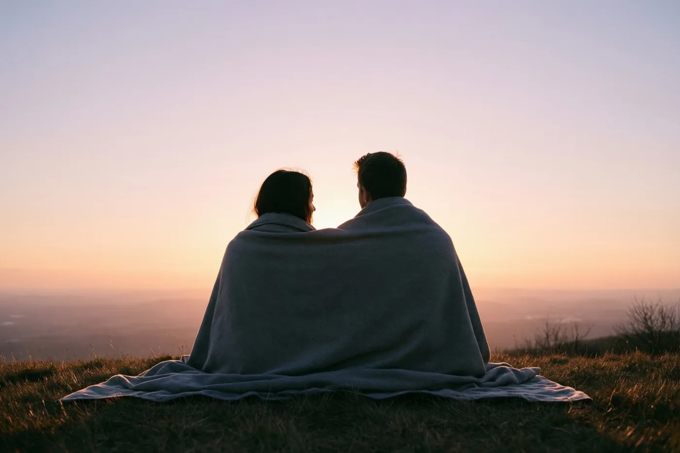 Twee mensen zitten onder één deken op een heuveltop met gras, als silhouetten tegen een oranje en paarse zonsondergang.