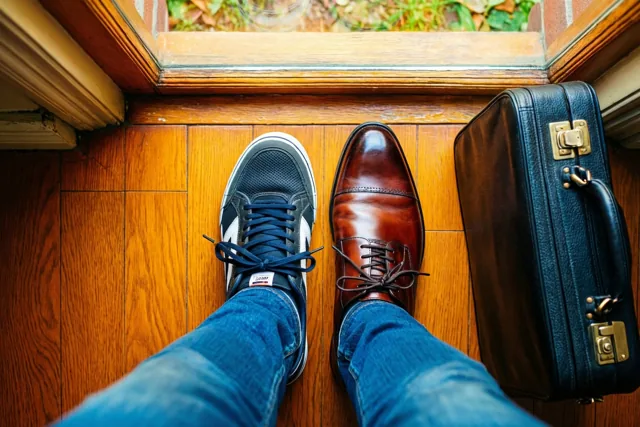Van bovenaf zijn een sneaker en een gepoetste geklede schoen te zien bij blauwe denim, op een houten vloer naast een aktetas bij een deuropening.