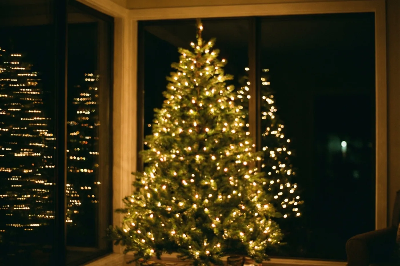 Een onscherpe kerstboom met warme lichtjes staat voor een groot raam met uitzicht op een donker stadslandschap bij nacht.