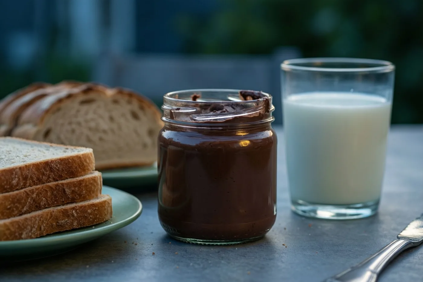 Een pot choco, een bord met sneetjes brood en een glas melk staan buiten op een donker tafelblad, met een wazige groene achtergrond.