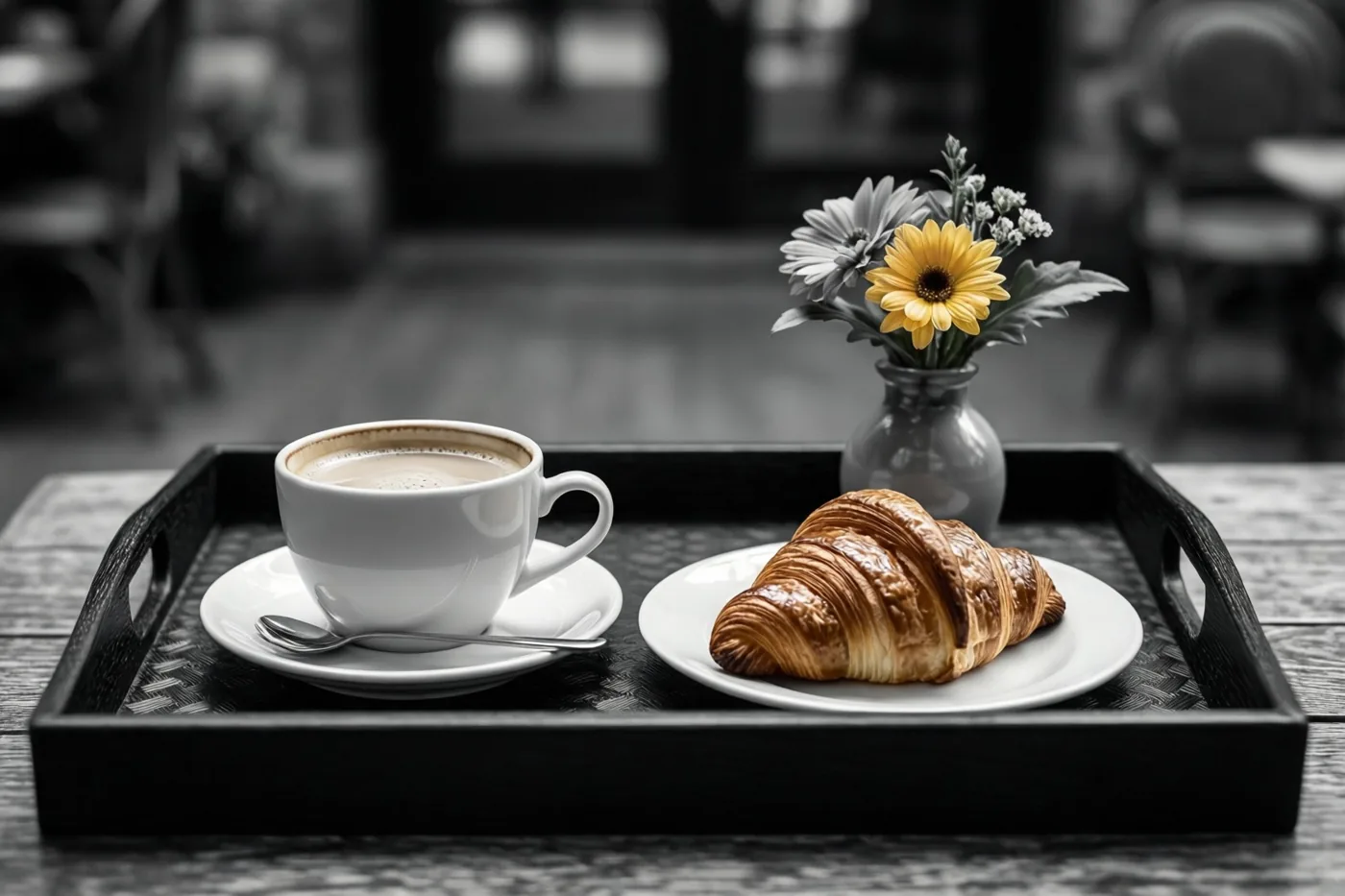 Een zwart-witfoto toont een ontbijttray met koffie, een croissant en een vaasje bloemen op een houten tafel, waarbij alleen één gele bloem kleur heeft.