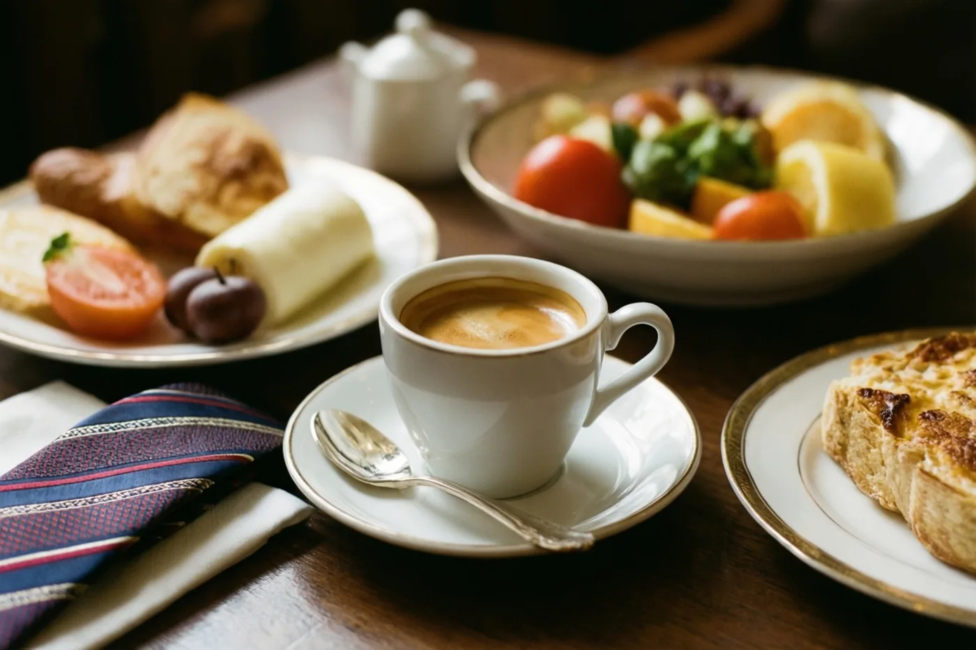 Op een elegant gedekte ontbijttafel staan een wit kopje espresso, een bord gebak en een kom vers fruit naast een gevouwen gestreepte das op een servet.