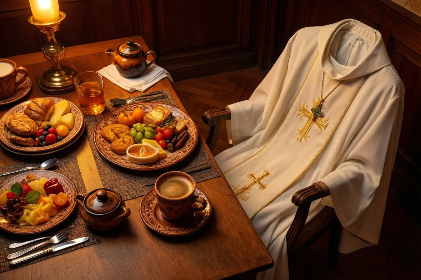 Een wit communiegewaad met goudkleurig borduurwerk hangt over een houten stoel naast een houten tafel met gebak, fruit, koffie en een theepot, verlicht door een kaars.
