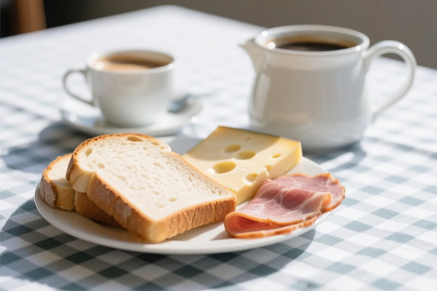 Een bord met gesneden brood, kaas en ham staat met een kop en een koffiekan op een blauw-wit geruit tafelkleed in fel zonlicht.