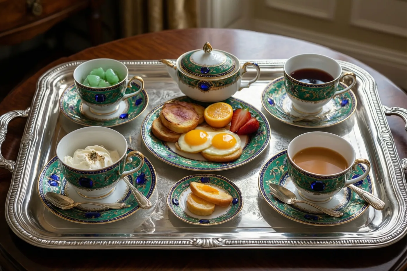 Op een houten tafel in een warm verlichte, klassieke kamer staat een zilveren dienblad met fijne porseleinen kopjes en schoteltjes, eieren, toast, fruit en drankjes.