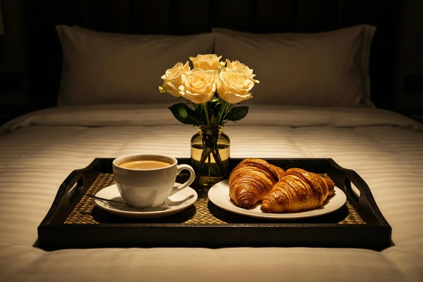 Een ontbijtplateau met koffie, croissants en een vaasje rozen staat op een bed in warm licht.