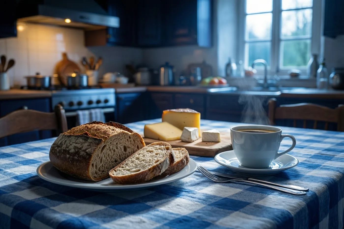 Gesneden brood, kaas en een dampende kop koffie staan op een blauw-wit geruit tafelkleed in een boerenkeuken met ochtendlicht door het raam.