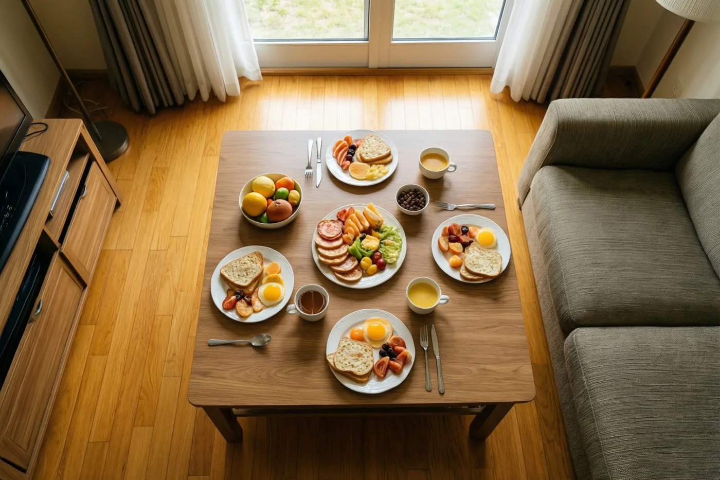 Toast, eieren, fruit en drankjes staan op een houten salontafel in een zonnige woonkamer met een houten vloer en een zetel.