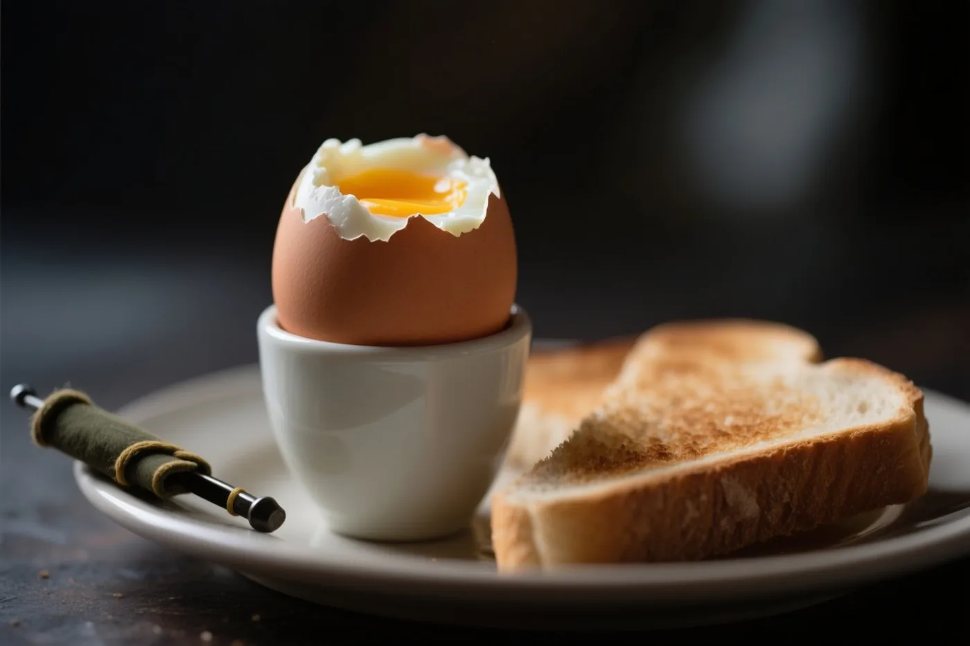 Een zachtgekookt ei in een wit eierdopje staat met twee sneetjes geroosterd brood op een bord, warm belicht tegen een donkere achtergrond.