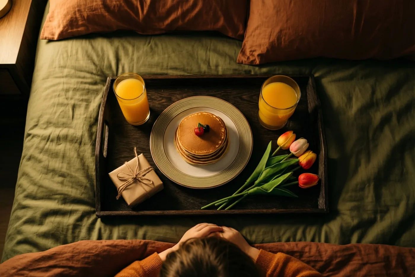Van bovenaf is een ontbijtblad te zien met pannenkoeken, sinaasappelsap, tulpen en een ingepakt cadeau op een bed met bruin en groen beddengoed.