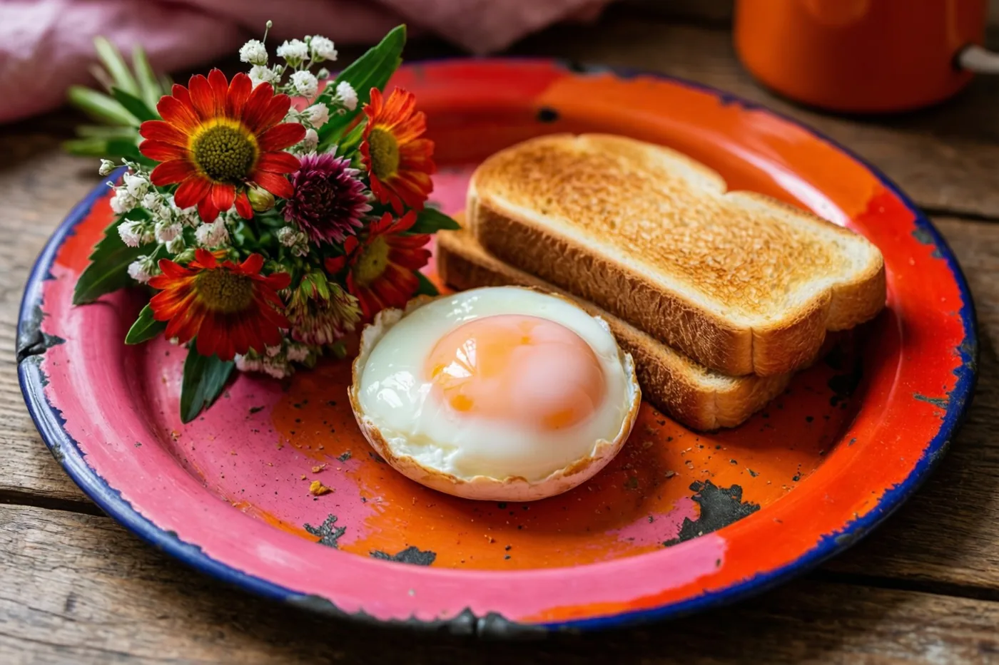 Een oud geëmailleerd bord met een zachtgekookt ei en twee sneetjes geroosterd brood staat op een houten tafel naast een klein kleurrijk boeket.