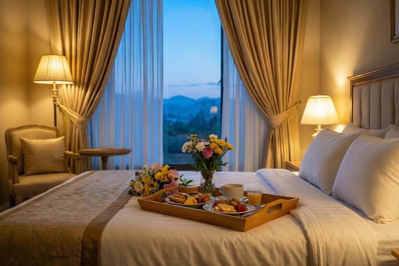 Een ontbijtdienblad met eten en bloemen staat op een opgemaakt bed in een warm verlichte slaapkamer, met bij dageraad zicht op verre heuvels tussen opengeschoven gordijnen.