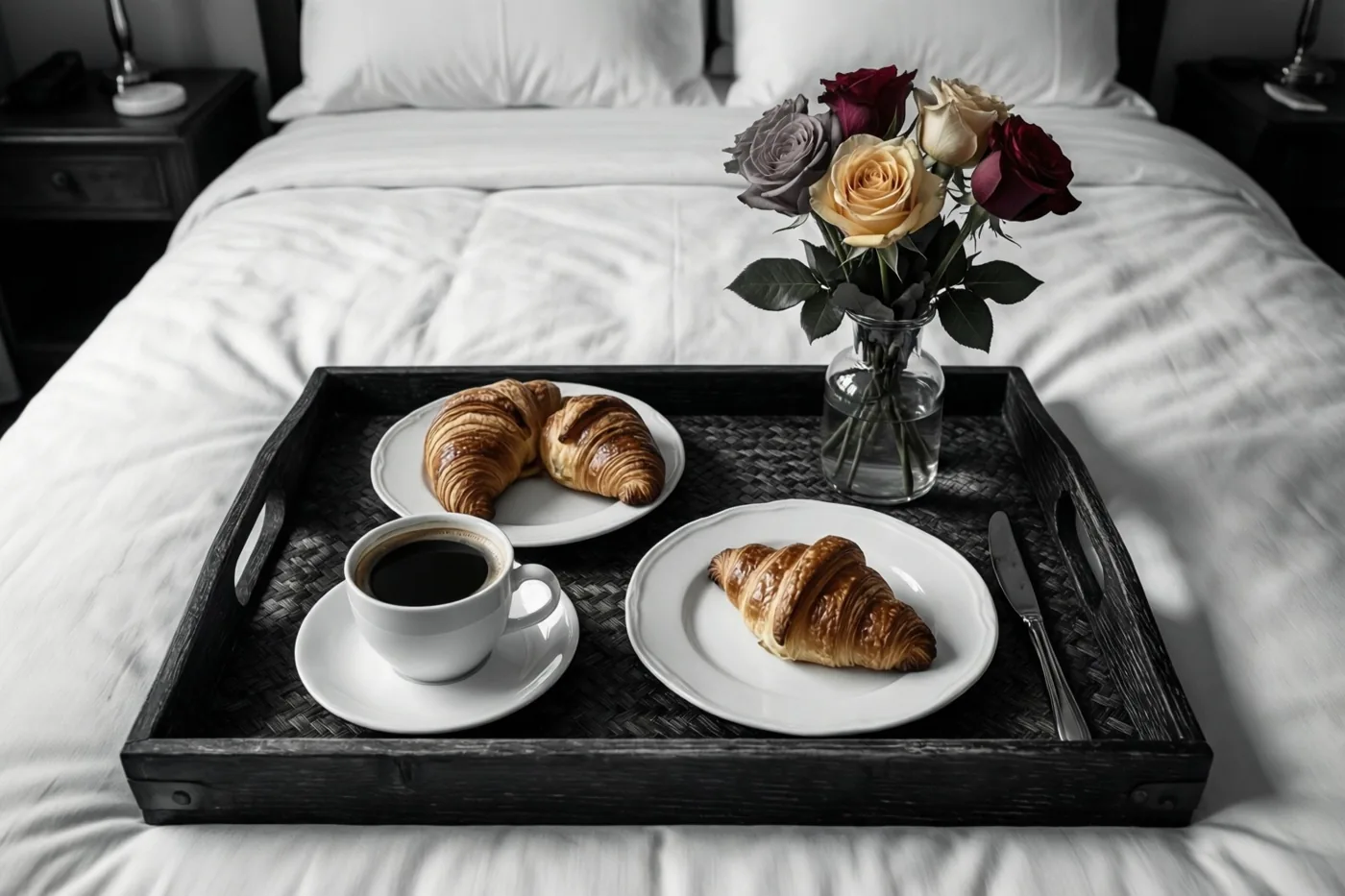 Een ontbijtplateau met koffie, croissants en een vaas rozen staat op een bed met wit beddengoed in gedempte kleuren.