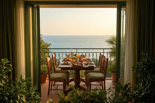 Een gedekte houten ontbijttafel staat met houten stoelen en groene potplanten op een betegeld balkon, waar een open glazen deur uitzicht biedt op een kalme zee in gouden ochtendlicht.