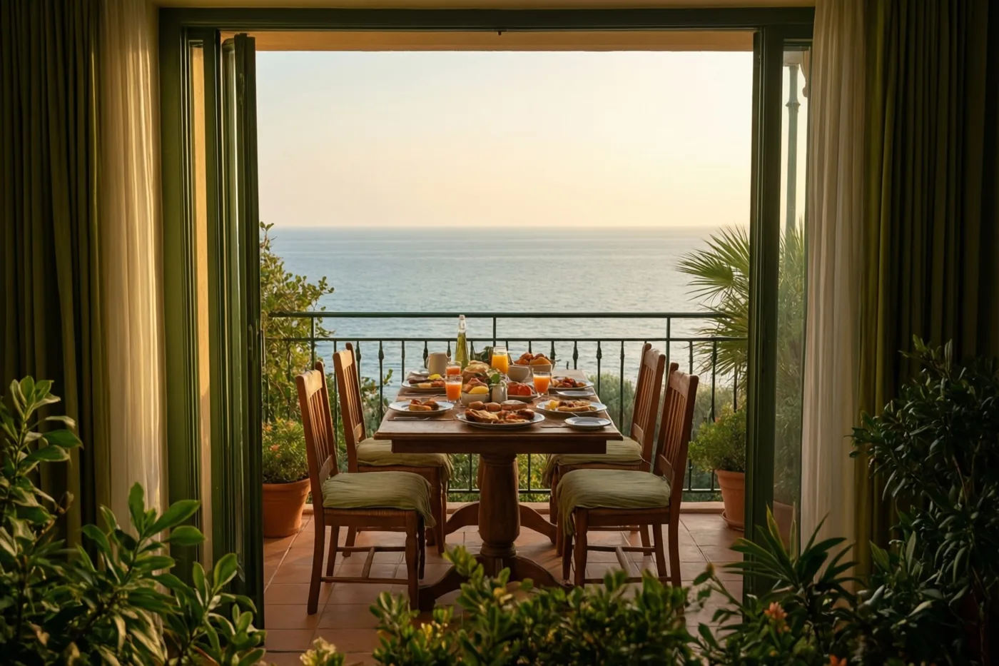 Een gedekte houten ontbijttafel staat met houten stoelen en groene potplanten op een betegeld balkon, waar een open glazen deur uitzicht biedt op een kalme zee in gouden ochtendlicht.