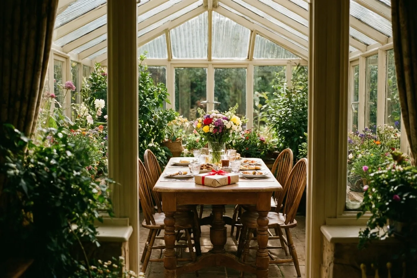 Een houten eettafel is gedekt voor het ontbijt in een zonnige veranda, omringd door weelderig groen en kleurrijke bloemen.