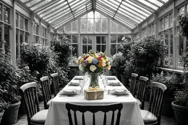 Een lange tafel is gedekt voor het ontbijt in een glazen veranda met potplanten en houten stoelen, met een kleurrijk bloemstuk en een klein ingepakt cadeau op tafel.