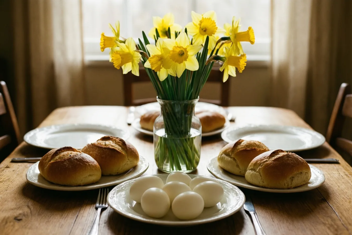 Een houten ontbijttafel is gedekt met borden gekookte eieren en broodjes en een vaas gele narcissen in het midden, verlicht door een raam.