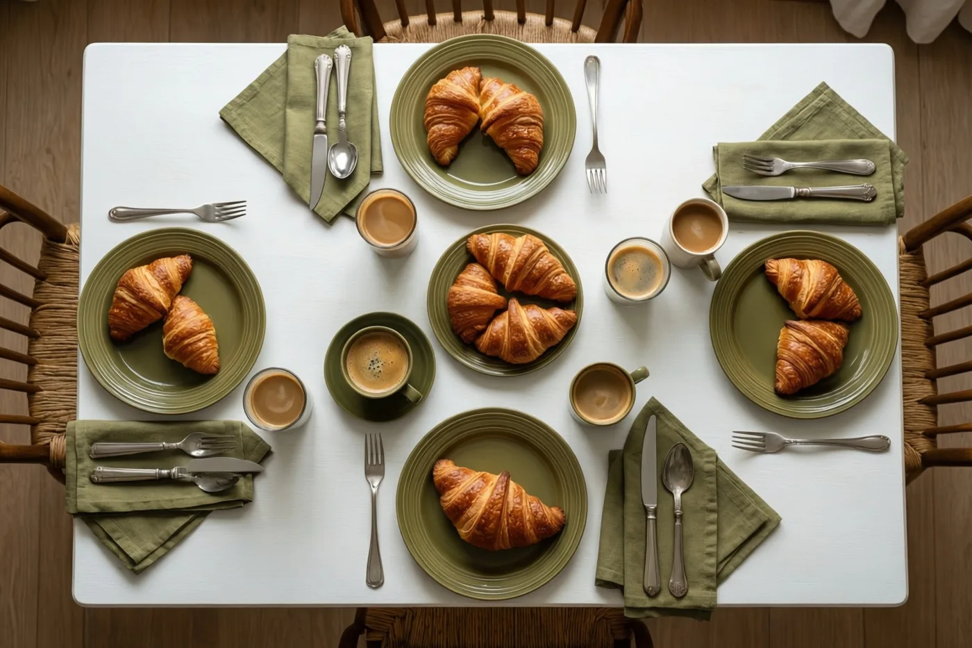 Een witte ontbijttafel met groene borden, croissants, koffiekopjes en olijfgroene linnen servetten is van bovenaf gefotografeerd in zacht ochtendlicht.