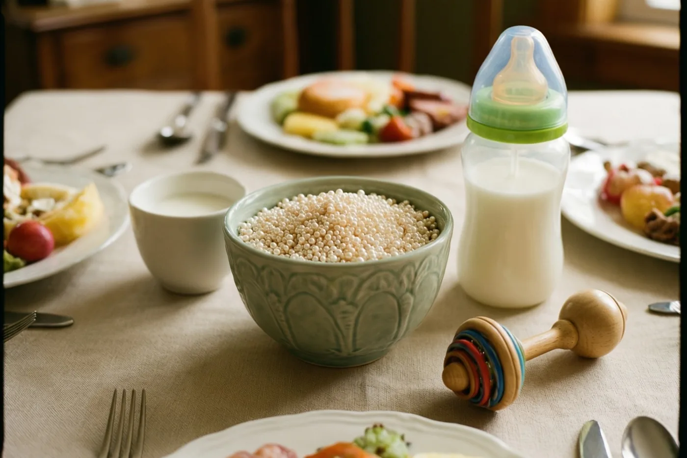 Op een ontbijttafel staan een kom suikerparels, een babyfles en een houten rammelaar in warme beige, groene en witte tinten.
