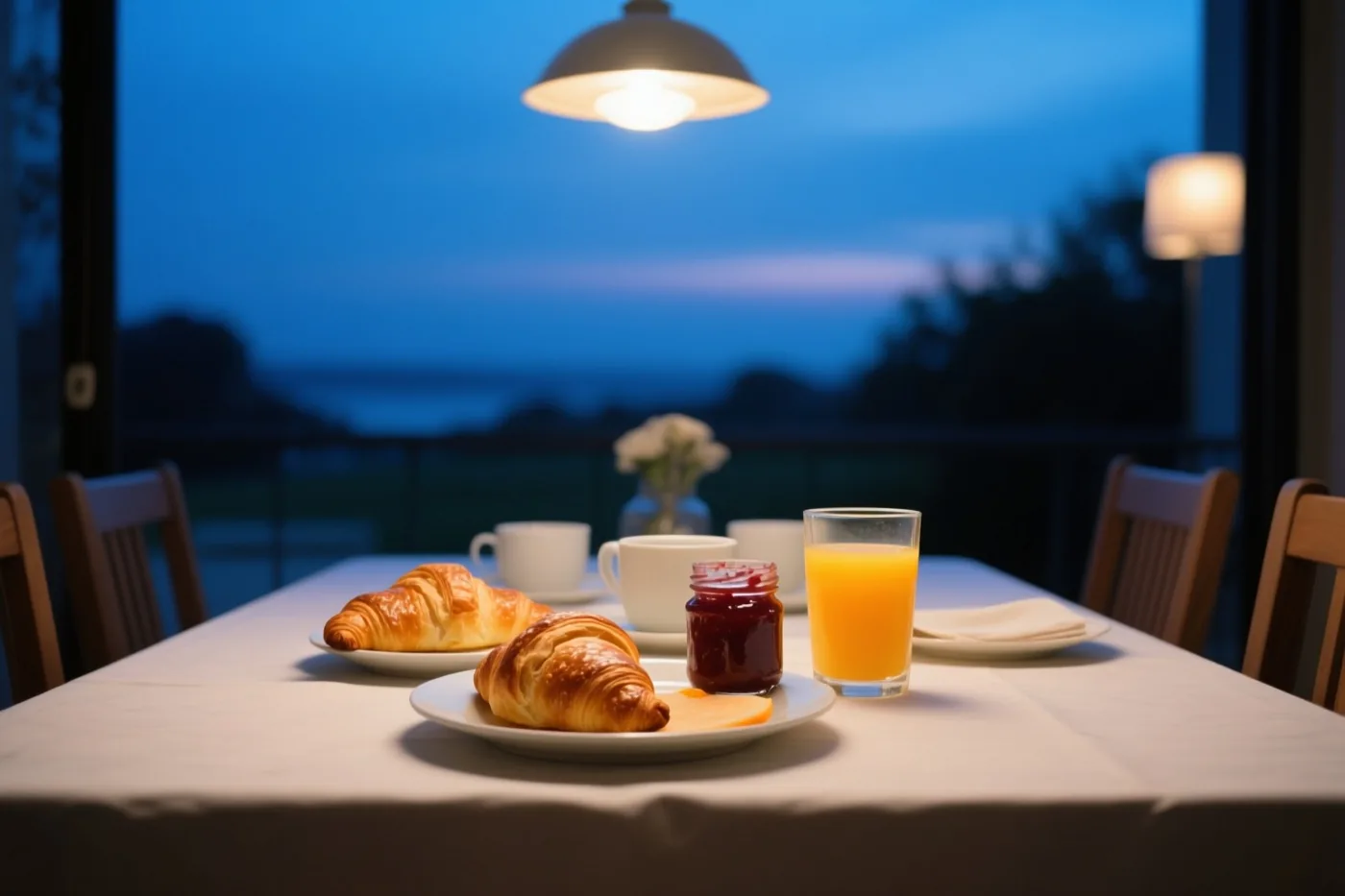 Vanaf een balkon zie je een ontbijttafel met croissants, confituur en sinaasappelsap op een wit tafelkleed, met houten stoelen onder een warme hanglamp en een blauwe avondhemel op de achtergrond.