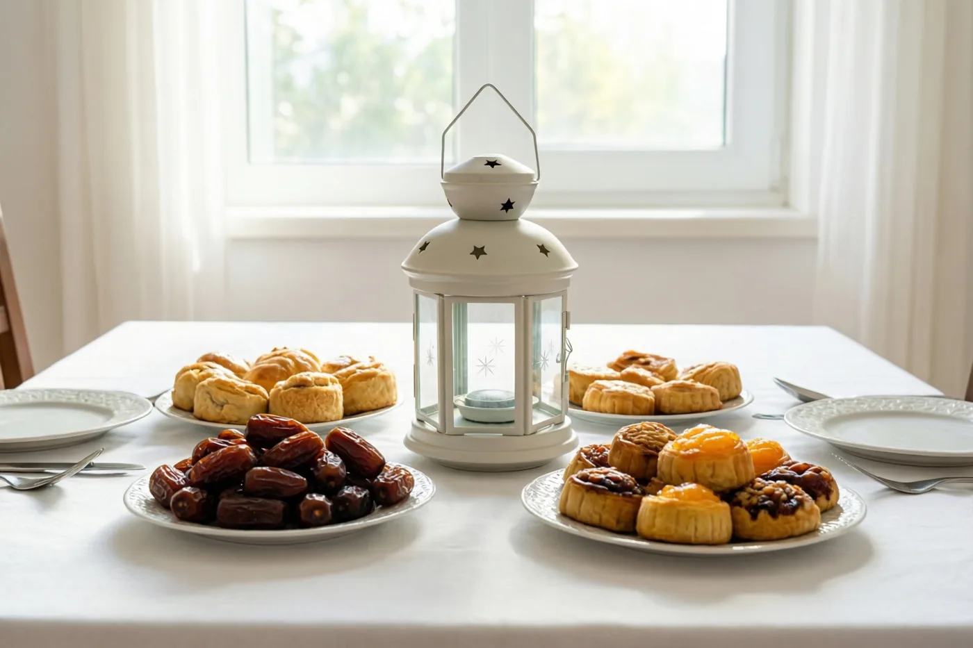 Een ontbijttafel met borden dadels en verschillende zoete gebakjes is opgesteld rond een witte sterlantaarn, met zacht licht van een raam erachter.